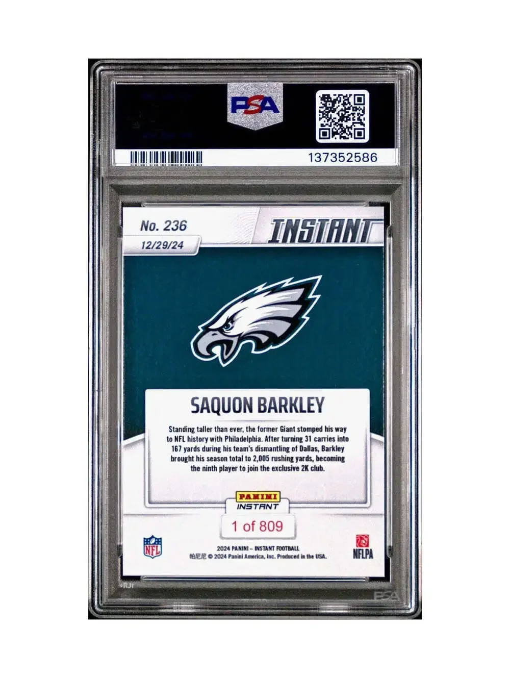 Saquon Barkley 2024 Panini Milestone NFL #236 Eagles 1 of 809 PSA 10 Gem Mint